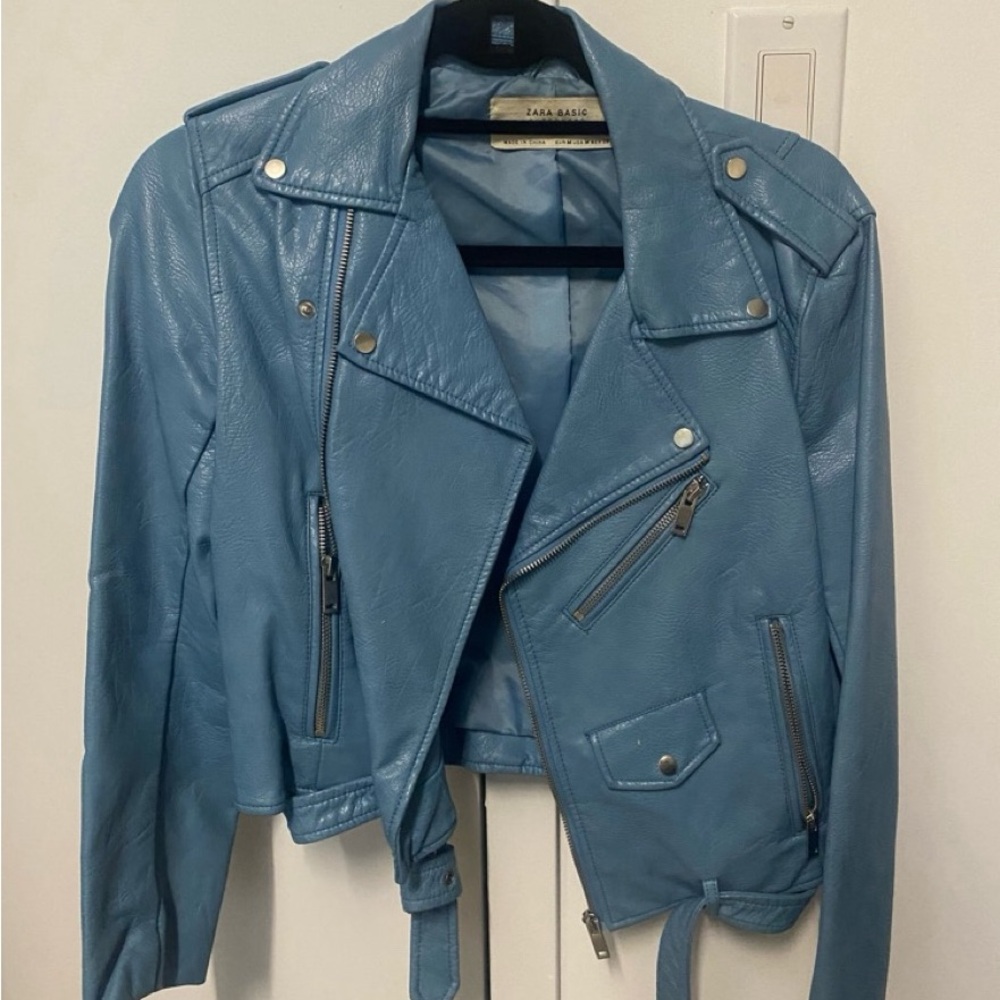 Zara Blue Leather Biker Jacket